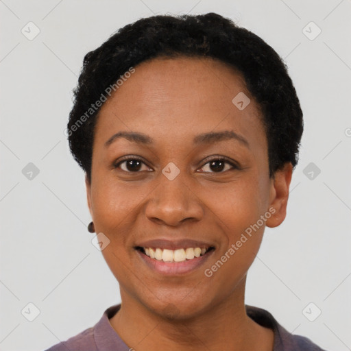 Joyful latino young-adult female with short  black hair and brown eyes