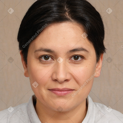 Joyful white adult female with short  brown hair and brown eyes