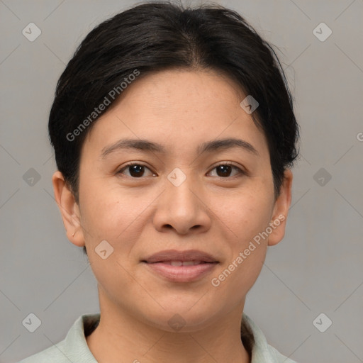 Joyful asian young-adult female with short  brown hair and brown eyes