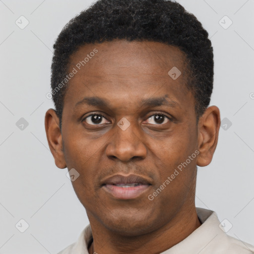 Neutral black adult male with short  black hair and brown eyes