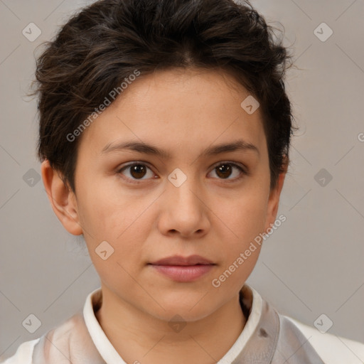 Neutral white young-adult female with short  brown hair and brown eyes