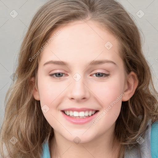 Joyful white young-adult female with long  brown hair and blue eyes