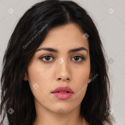 Neutral asian young-adult female with long  brown hair and brown eyes