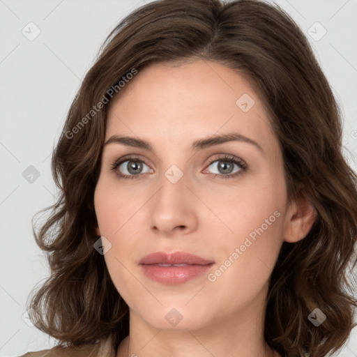 Neutral white young-adult female with medium  brown hair and brown eyes