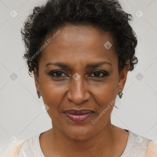 Joyful black adult female with short  brown hair and brown eyes