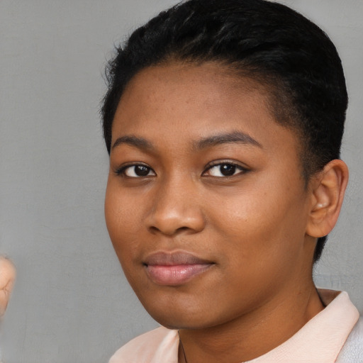 Neutral black young-adult female with short  black hair and brown eyes