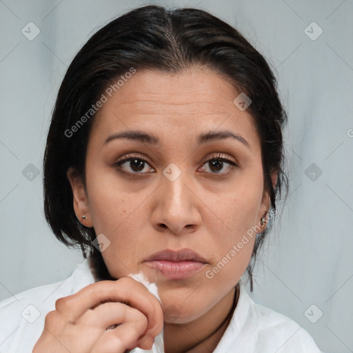 Neutral white young-adult female with medium  brown hair and brown eyes