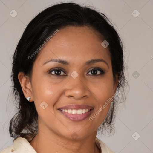 Joyful latino young-adult female with medium  brown hair and brown eyes