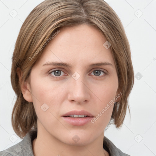 Neutral white young-adult female with medium  brown hair and grey eyes