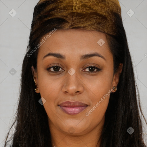 Joyful latino young-adult female with long  brown hair and brown eyes