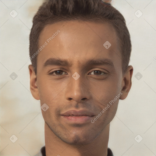 Neutral white young-adult male with short  brown hair and brown eyes