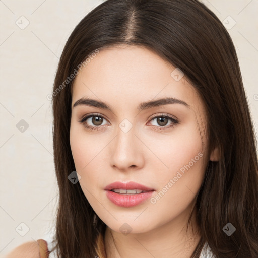 Neutral white young-adult female with long  brown hair and brown eyes