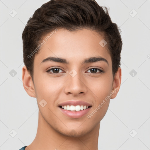 Joyful white young-adult female with short  brown hair and brown eyes