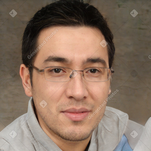 Joyful white adult male with short  brown hair and brown eyes