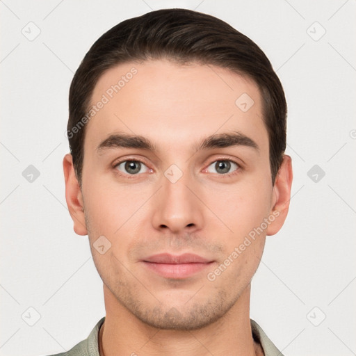 Neutral white young-adult male with short  brown hair and brown eyes