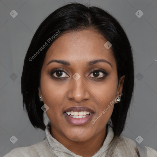 Joyful asian young-adult female with medium  black hair and brown eyes