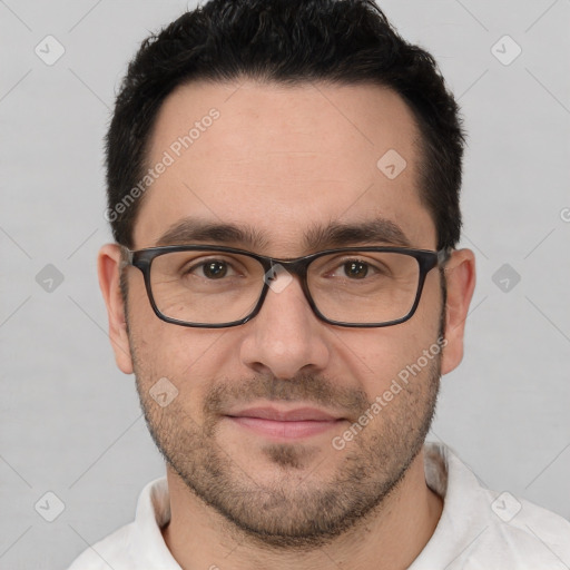 Joyful white young-adult male with short  brown hair and brown eyes