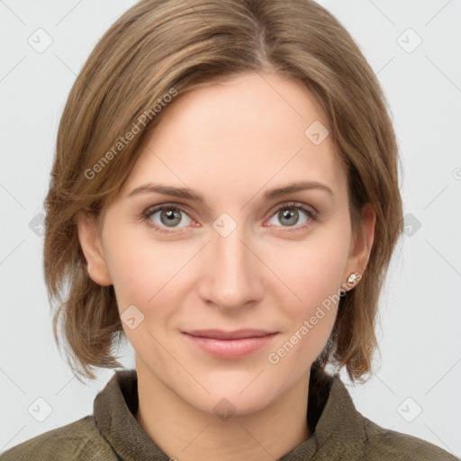 Joyful white young-adult female with medium  brown hair and grey eyes