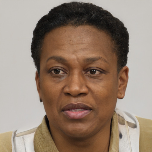 Joyful black adult female with short  brown hair and brown eyes