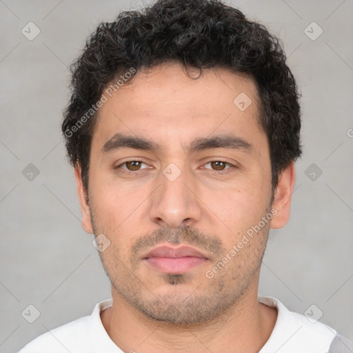 Neutral white young-adult male with short  black hair and brown eyes