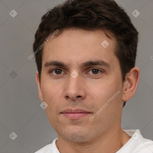 Neutral white young-adult male with short  brown hair and brown eyes