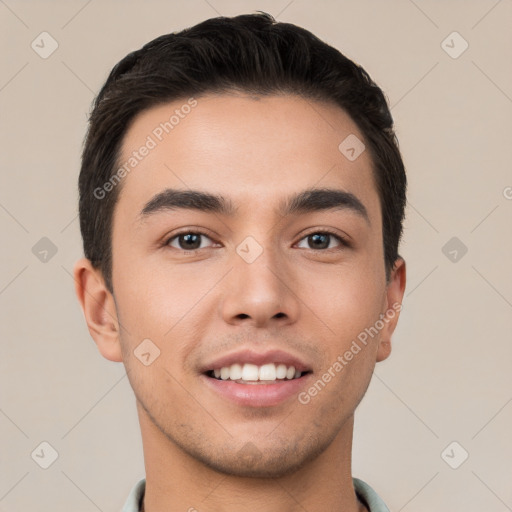 Joyful white young-adult male with short  brown hair and brown eyes