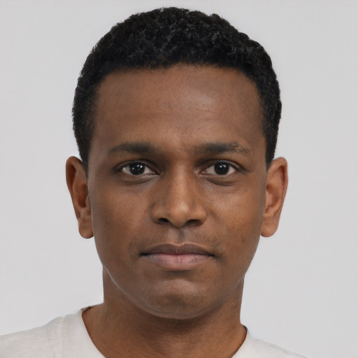 Neutral black young-adult male with short  black hair and brown eyes