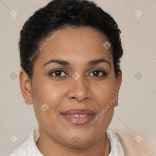 Joyful latino young-adult female with short  brown hair and brown eyes