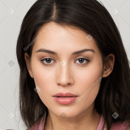 Neutral white young-adult female with long  brown hair and brown eyes