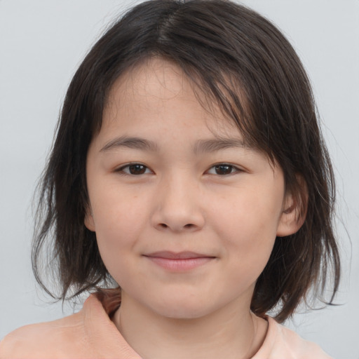Joyful white child female with medium  brown hair and brown eyes