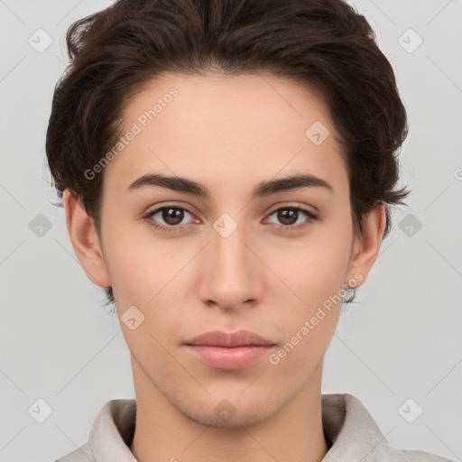 Neutral white young-adult female with short  brown hair and brown eyes