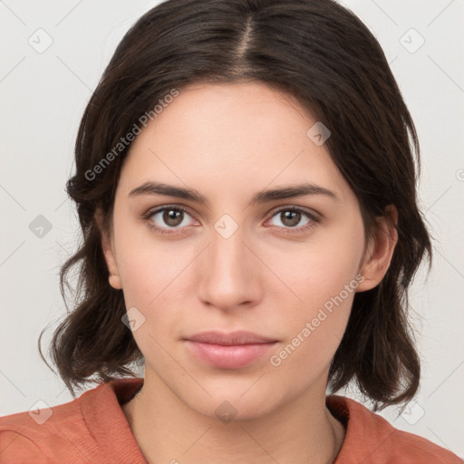 Neutral white young-adult female with medium  brown hair and brown eyes