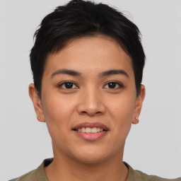 Joyful asian young-adult female with short  brown hair and brown eyes