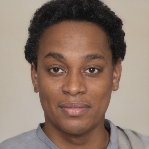 Neutral black young-adult female with short  black hair and brown eyes