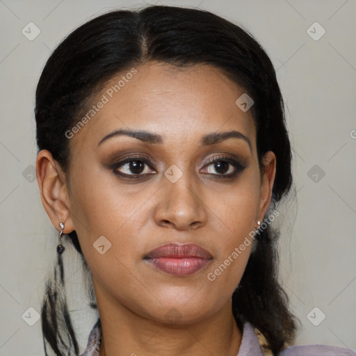 Joyful black young-adult female with medium  brown hair and brown eyes