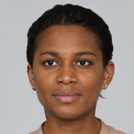 Neutral black young-adult female with short  black hair and brown eyes