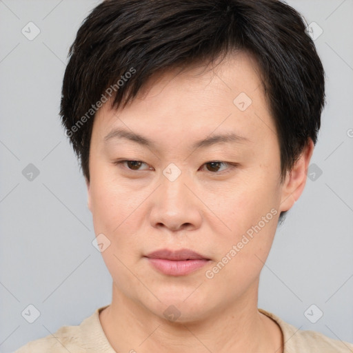 Joyful asian young-adult female with short  brown hair and brown eyes