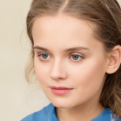 Neutral white child female with medium  brown hair and blue eyes