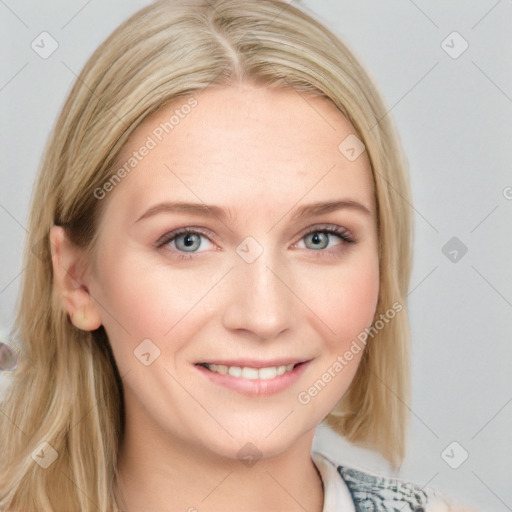 Joyful white young-adult female with medium  brown hair and blue eyes