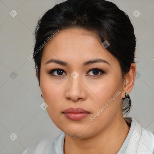 Neutral asian young-adult female with medium  brown hair and brown eyes