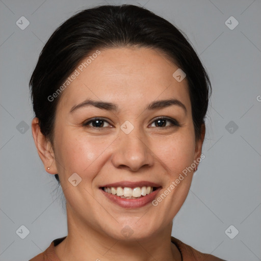 Joyful white young-adult female with medium  brown hair and brown eyes