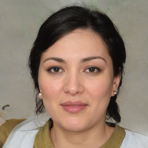 Joyful white young-adult female with medium  black hair and brown eyes