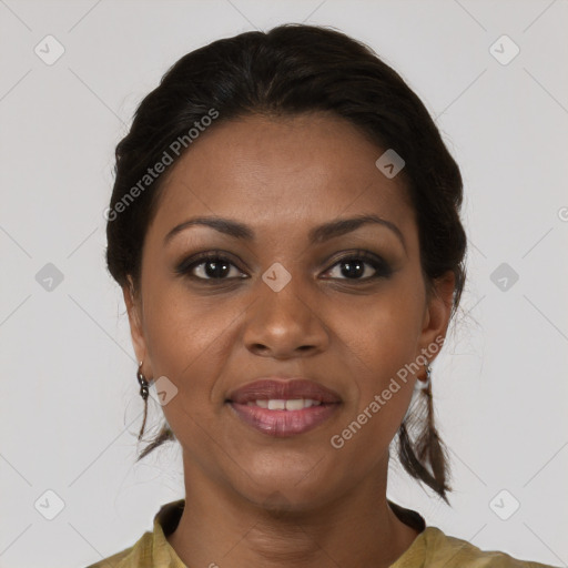Joyful black young-adult female with medium  brown hair and brown eyes