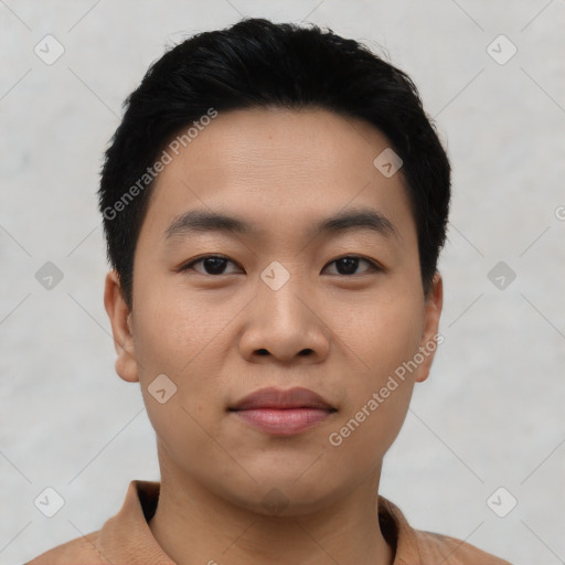 Neutral asian young-adult male with short  black hair and brown eyes