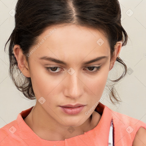 Neutral white young-adult female with medium  brown hair and brown eyes