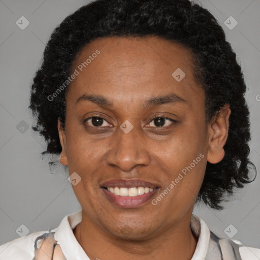 Joyful latino adult female with short  brown hair and brown eyes