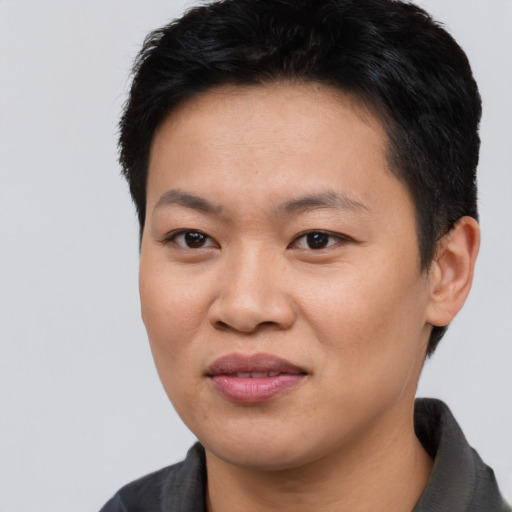 Joyful asian young-adult female with short  black hair and brown eyes