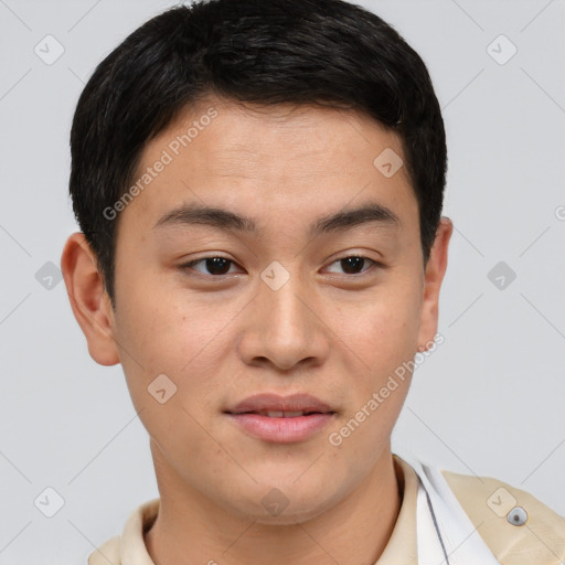 Joyful latino young-adult male with short  brown hair and brown eyes