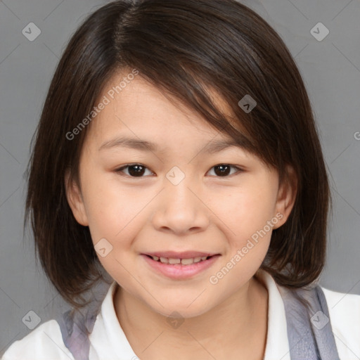 Joyful white child female with medium  brown hair and brown eyes