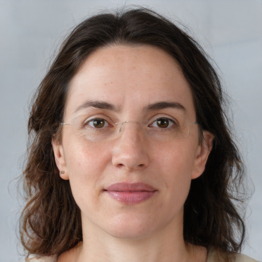 Joyful white adult female with medium  brown hair and grey eyes